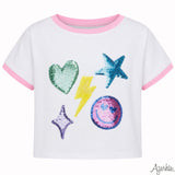 Sequin Bright Emojis Boxy Tee | White